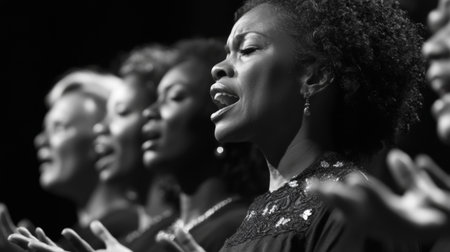 Detailed view of a vocal ensemble with singers standing in formation, focusing on their faces and hands as they engage in a harmonious rendition.の素材