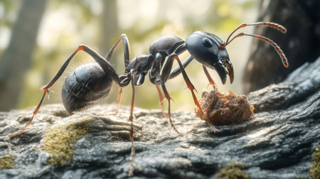 Detailed view of an ant carrying food back to its nest, emphasizing its strong mandibles and the texture of its body in a natural setting.の素材
