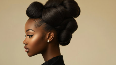 Detailed shot of a woman with an elegant updo hairstyle, showcasing the intricate arrangement of her hair and adding a touch of sophistication.の素材