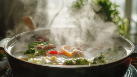 Detailed view of a steaming hot pot with a close focus on the broth and ingredients, showcasing the texture and freshness of vegetables and meat as they cook.の素材
