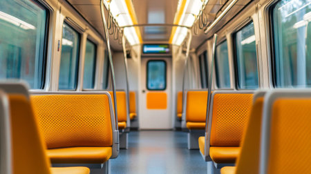 Detailed view of an electric train interior, showing comfortable seating, modern amenities, and the clean, sleek design of the passenger area.の素材