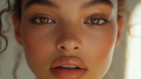 Detailed shot of a woman with perfect makeup application, including defined brows, radiant foundation, and glossy lips, emphasizing her polished beauty.の素材