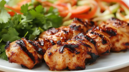 Detailed shot of succulent grilled chicken pieces served alongside a tangy and spicy papaya salad, highlighting the fresh ingredients and appetizing presentation.の素材