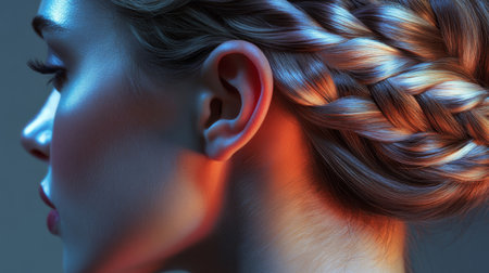 High-definition image of a woman with a stylish braid, featuring a close-up view of the braids intricate pattern and smooth finish.の素材