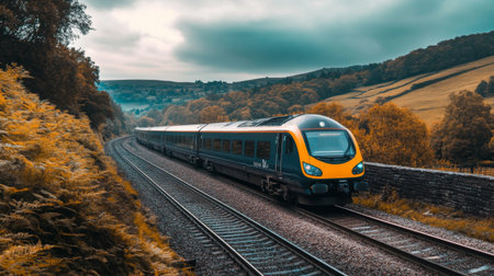High-definition shot of an electric train passing through a scenic countryside, highlighting the contrast between the train and the natural landscape.の素材
