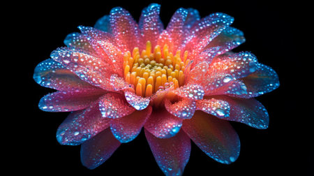 High-definition image of a flower with droplets of water on its petals, showcasing the contrast between the vivid colors of the flower and the clear droplets.の素材