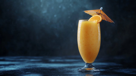High-definition shot of a freshly made orange smoothie served in a sleek glass, with a small umbrella and a fresh orange wedge on the rim.の素材
