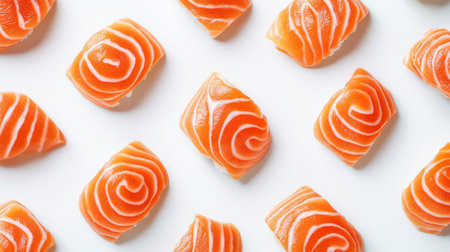 High-definition image of raw salmon sushi pieces arranged on a white background, highlighting the freshness and vibrant color of the fish.の素材