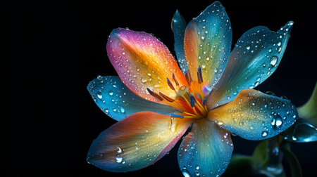High-definition image of a flower with droplets of water on its petals, showcasing the contrast between the vivid colors of the flower and the clear droplets.の素材