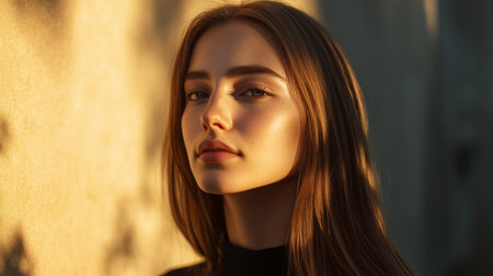 High-resolution image of a woman with sleek, straight hair falling gracefully over her shoulders, captured in soft, natural light to emphasize its smoothness.の素材