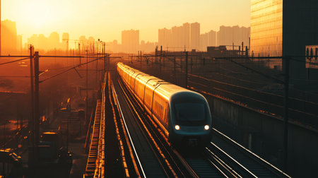 High-definition shot of a high-speed train on elevated tracks, emphasizing its sleek profile and the impressive infrastructure supporting its rapid transit.の素材