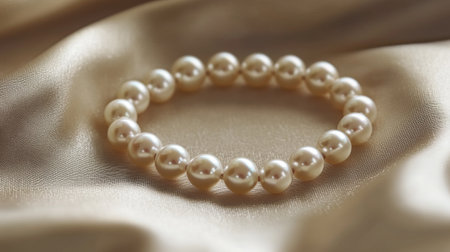 Macro shot of a pearl bracelet resting on a silk fabric, focusing on the soft shimmer and perfect roundness of the pearls.の素材