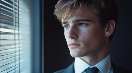 High-definition shot of a young businessman in a stylish office, looking out of a window with a thoughtful expression, showcasing contemplation and leadership.の素材