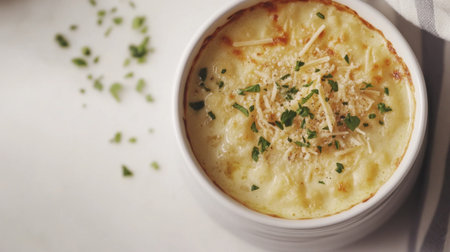 High-definition shot of a bowl of hot soup with a creamy, smooth texture, garnished with a sprinkle of cheese and fresh herbs, on a clean white surface.の素材