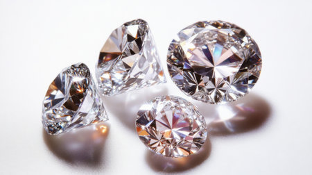 Multiple diamonds of various sizes scattered elegantly on a white background, with each gem catching and reflecting light in a dazzling display.の素材