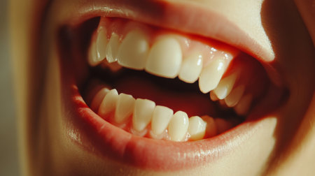 High-resolution close-up of a persons teeth while laughing joyfully, capturing the gleaming white teeth and the joyful expression.の素材