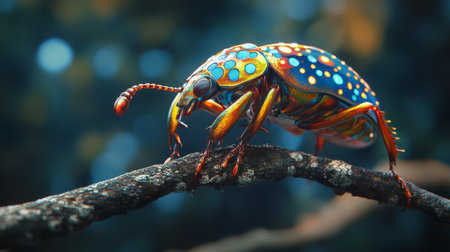 High-resolution close-up of a colorful beetle on a branch, highlighting its vivid patterns and glossy exoskeleton against a contrasting background.の素材