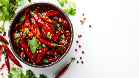 High-resolution close-up of a bowl of hot, spicy soup with visible chunks of chili peppers and fresh cilantro, set against a stark white background.の素材