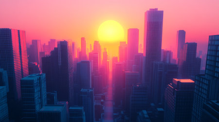 High-resolution view of the sun dipping below the horizon, framed by towering skyscrapers, with vibrant colors and long shadows stretching across the cityscape.の素材