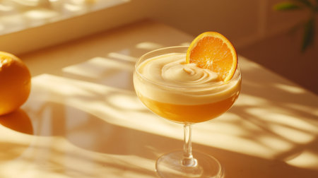 High-resolution close-up of a refreshing orange smoothie in a stylish glass, with a swirl of creamy texture and a bright orange hue, on a sunny table.の素材
