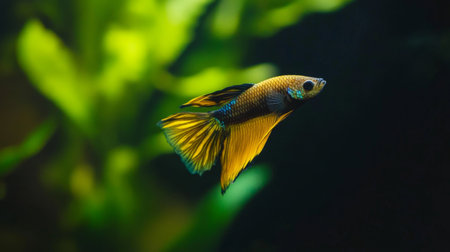 High-resolution close-up of a Betta fish with a striking color contrast against a minimalist, dark-colored aquarium background that highlights its beauty.の素材