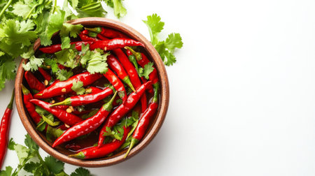 High-resolution close-up of a bowl of hot, spicy soup with visible chunks of chili peppers and fresh cilantro, set against a stark white background.の素材