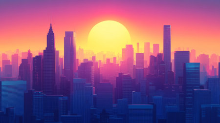 High-resolution view of the sun dipping below the horizon, framed by towering skyscrapers, with vibrant colors and long shadows stretching across the cityscape.の素材