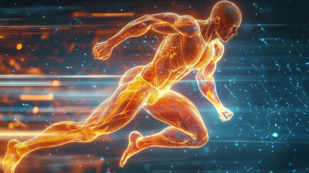 High-resolution shot of a human body in motion, focusing on the dynamic movement of muscles and joints, illustrating physical activity and fitness.の素材
