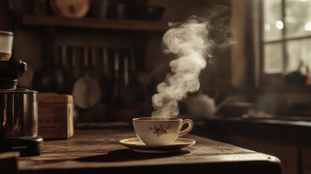 White smoke curling up from a hot cup of coffee, with a cozy background of a warm, rustic kitchen.の素材