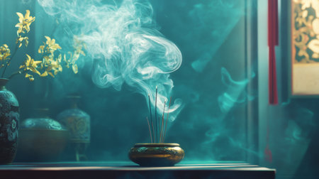 Swirling smoke trails rising from a burning incense burner, creating a calm and meditative environment.の素材