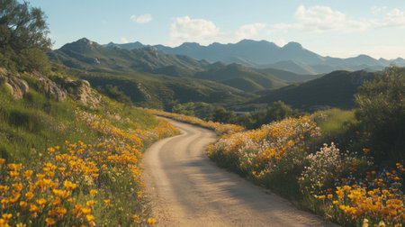 Scenic shot of a mountain road traversing through a verdant landscape with blooming wildflowers, offering a tranquil and picturesque drive.の素材