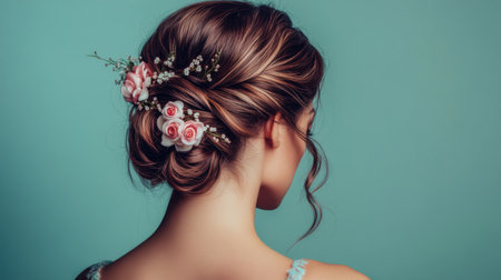 High-resolution shot of a woman with a glamorous, pinned-up hairstyle, featuring smooth, elegant waves and decorative hairpins.の素材