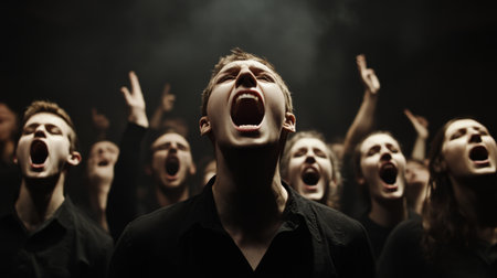 High-resolution shot of a choir in full performance, capturing the singers in mid-song with open mouths and expressive gestures, against a dramatic background.の素材