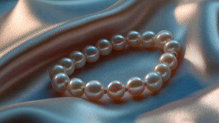 Macro shot of a pearl bracelet resting on a silk fabric, focusing on the soft shimmer and perfect roundness of the pearls.の素材