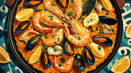 Top-view of a seafood paella in a large pan, with golden rice, shrimp, mussels, and squid, garnished with lemon wedges and herbs.の素材