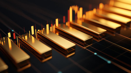 An elegant D bar graph with gold bars on a polished black surface, showcasing a steady rise in value, symbolizing golds stable market positionの素材