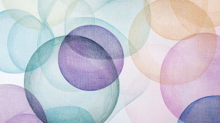 An elegant arrangement of concentric circles made up of thin, delicate lines, creating a hypnotic effect against a soft pastel backgroundの素材