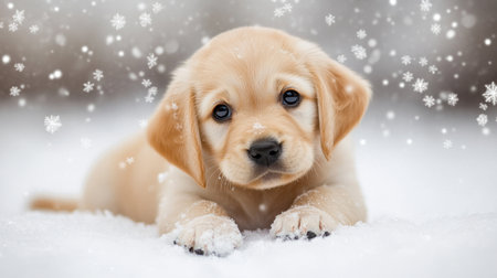 An adorable puppy playing in the snow, jumping and rolling around, with snowflakes gently falling around, capturing the joy of winter playの素材
