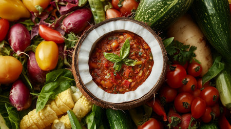 An artistic composition of chili dip served in a coconut shell, surrounded by a colorful array of garden-fresh vegetables, evoking a tropical and healthy vibeの素材
