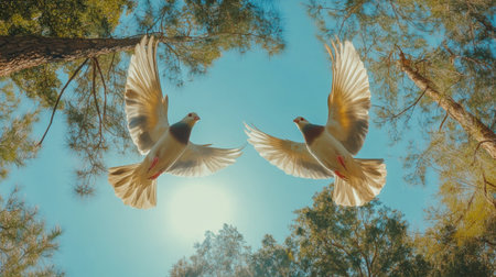 An enchanting shot of two doves in flight against a bright blue sky, their wings spread wide, symbolizing freedom and unity in natureの素材