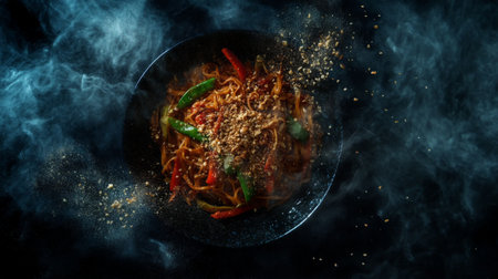 An artistic overhead view of a plate of stir-fried noodles garnished with fresh vegetables and a sprinkle of crushed peanuts, set against a dark backgroundの素材