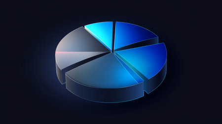 An abstract financial pie chart with transparent slices in shades of blue and gray, on a dark gradient background with glowing highlightsの素材