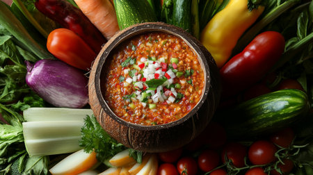 An artistic composition of chili dip served in a coconut shell, surrounded by a colorful array of garden-fresh vegetables, evoking a tropical and healthy vibeの素材