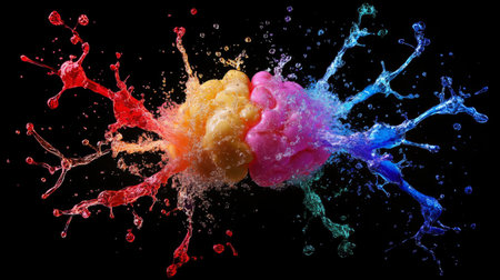 An artistic illustration of a brain with vibrant, colorful neural pathways branching out, symbolizing creativity and thought processes against a dark backgroundの素材