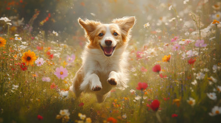 An energetic dog leaping through a field of colorful wildflowers, with bright petals contrasting against its fur, capturing a moment of pure joy and playfulnessの素材