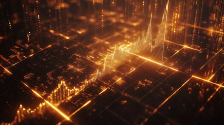An abstract background featuring a financial graph with diagonal lines and glowing data points, emphasizing the concept of investment growth and opportunityの素材