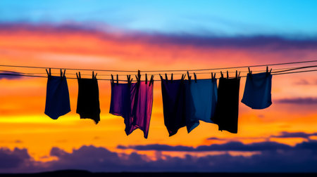 An artistic view of a clothes drying rack silhouetted against a sunset sky, with garments gently blowing in the wind, capturing the tranquility of the eveningの素材