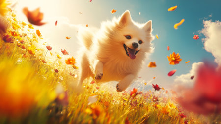 An energetic dog leaping through a field of colorful wildflowers, with bright petals contrasting against its fur, capturing a moment of pure joy and playfulnessの素材