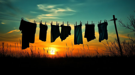 An artistic view of a clothes drying rack silhouetted against a sunset sky, with garments gently blowing in the wind, capturing the tranquility of the eveningの素材
