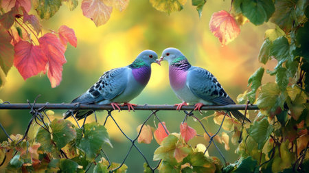 An artistic shot of two doves perched on a fence, gazing into each others eyes, surrounded by lush greenery, symbolizing love and companionship in natureの素材